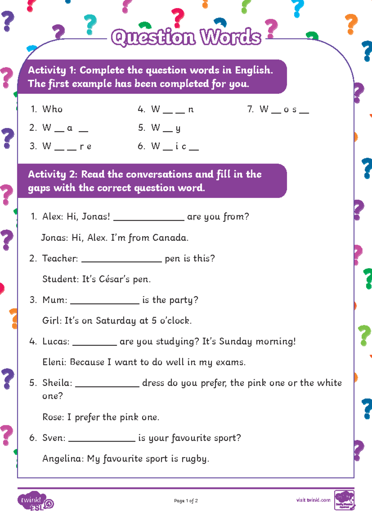 ESL T-e-1669025423 Question Words Worksheet - Version 2 - Studocu