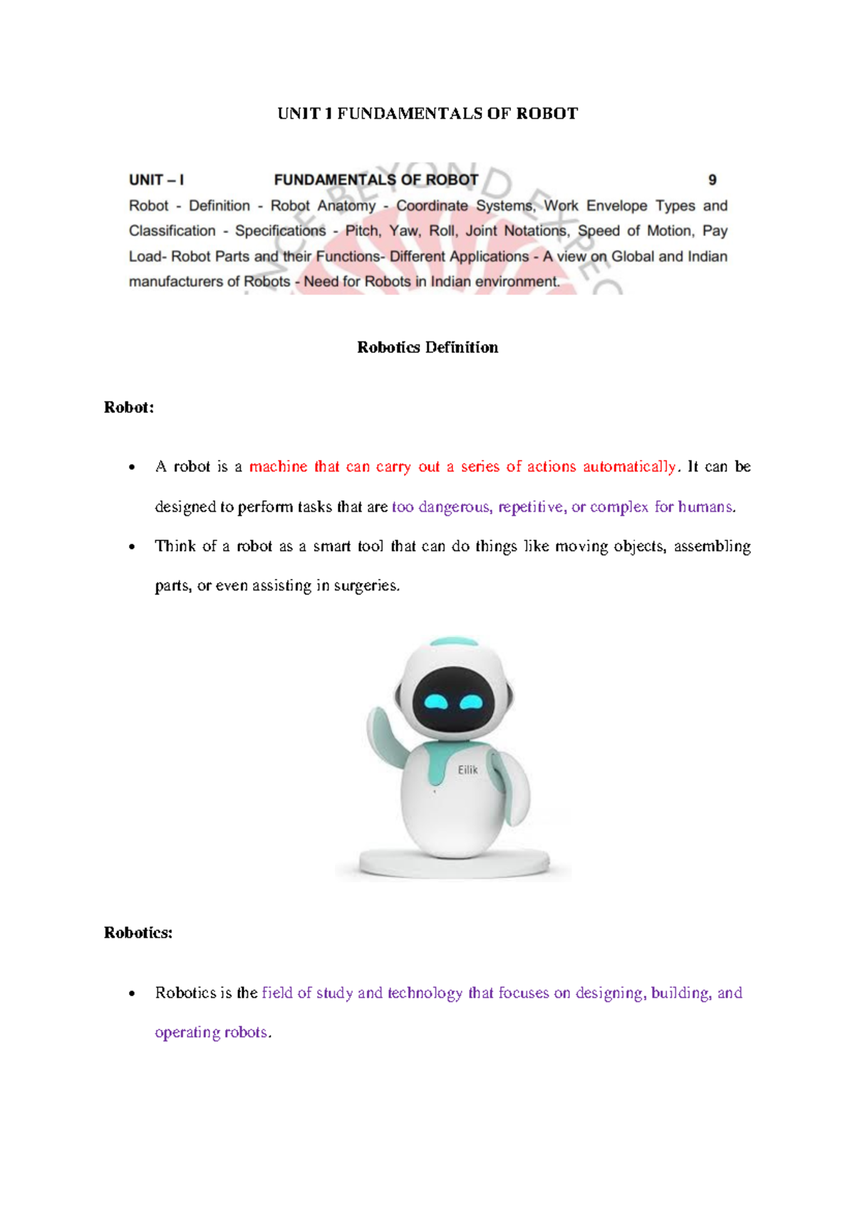B1MEO501 Robotics: Fundamentals, Definitions, and Career Pathways - Document Preview