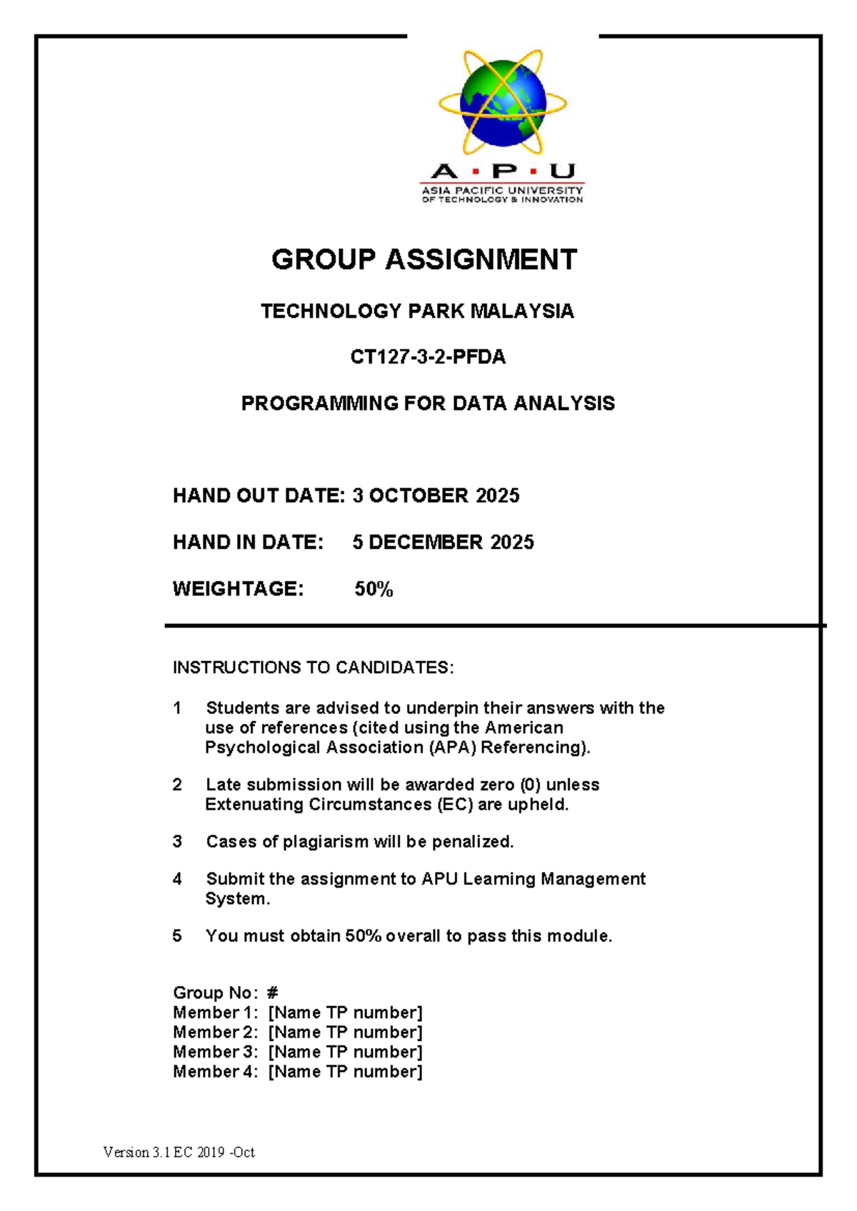 GROUP ASSIGNMENT: PROGRAMMING FOR DATA ANALYSIS (EC 2019) - Studocu