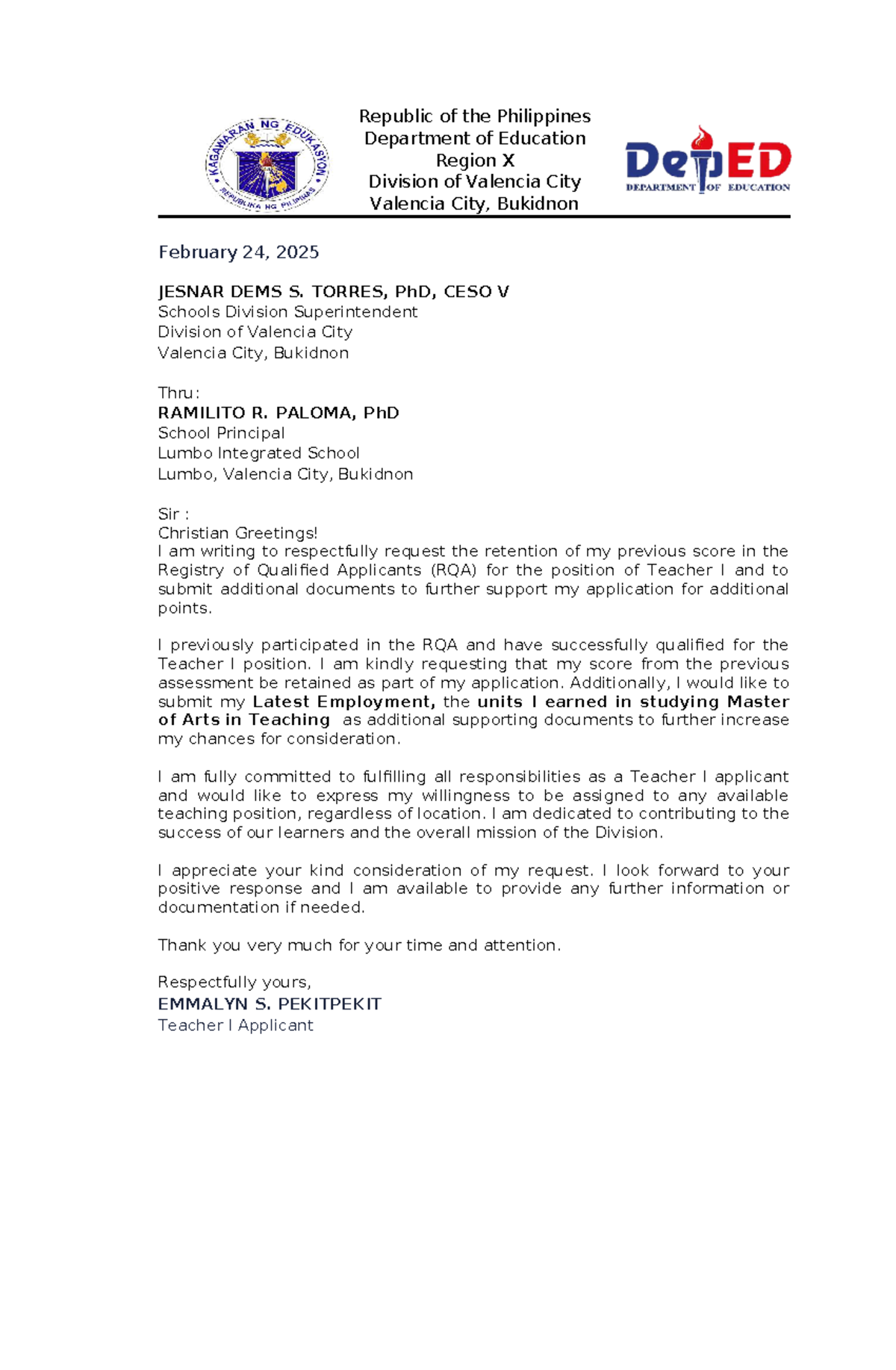 Retain-Letter for Teacher I Application - RQA Submission - Studocu
