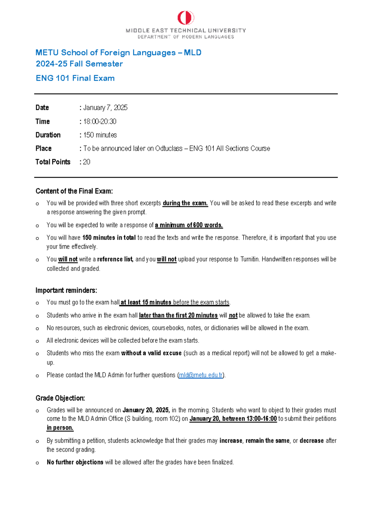 20241 ENG 101 Final Exam Announcement - METU School of Foreign ...