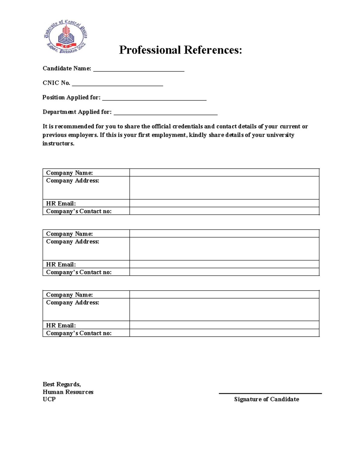 Professional References Form (Candidate) - UCP - Professional ...