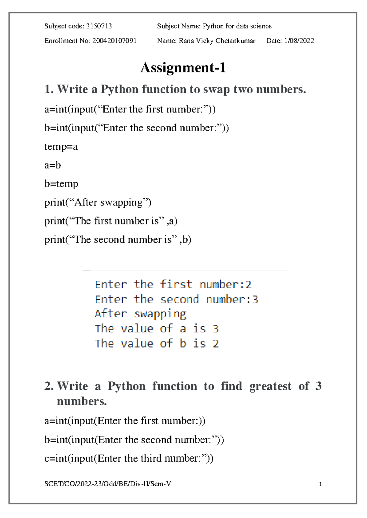 PDS Assignment 1: Python Functions for Basic Operations - Studocu