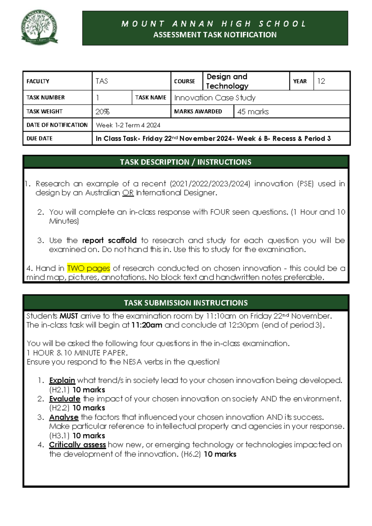 Year 12 DT Task 1: Innovation Case Study Assessment Notification - Studocu