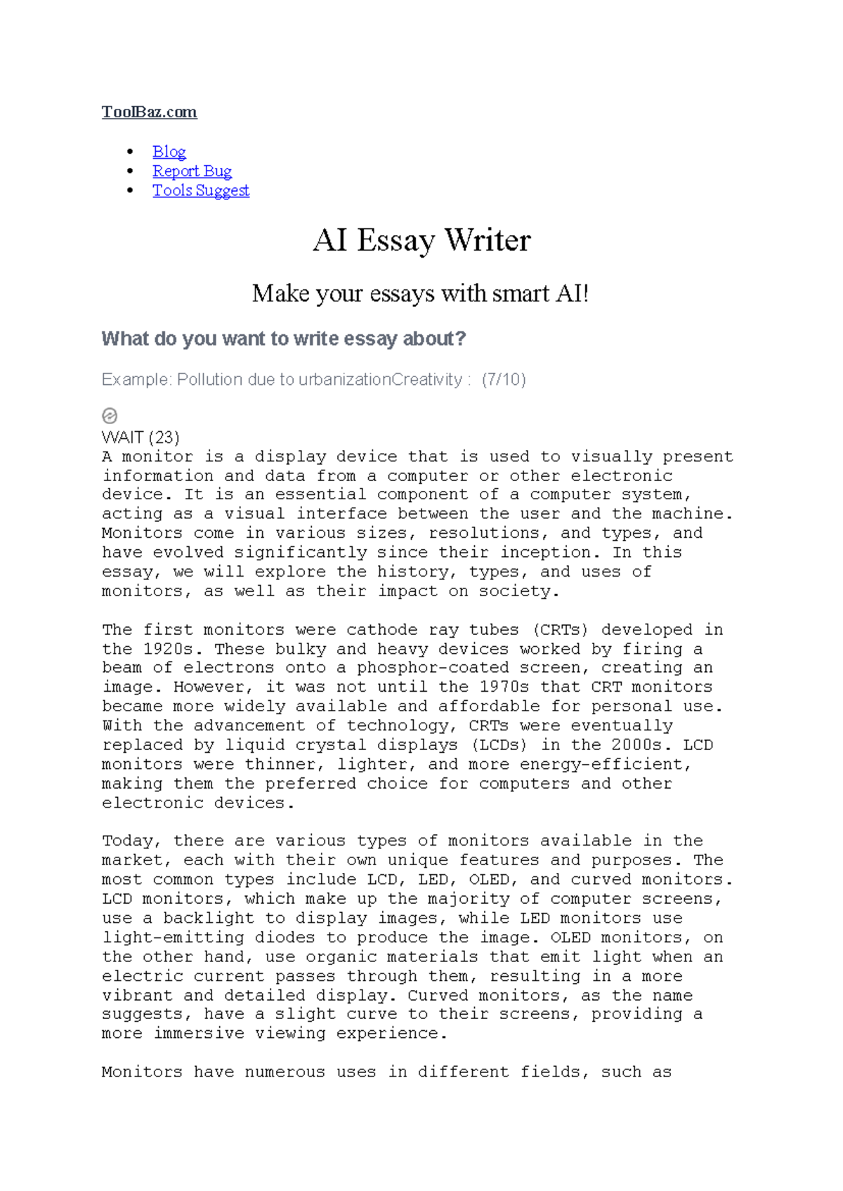 AI Essay Writer Overview: Exploring Monitors & Their Impact - Studocu