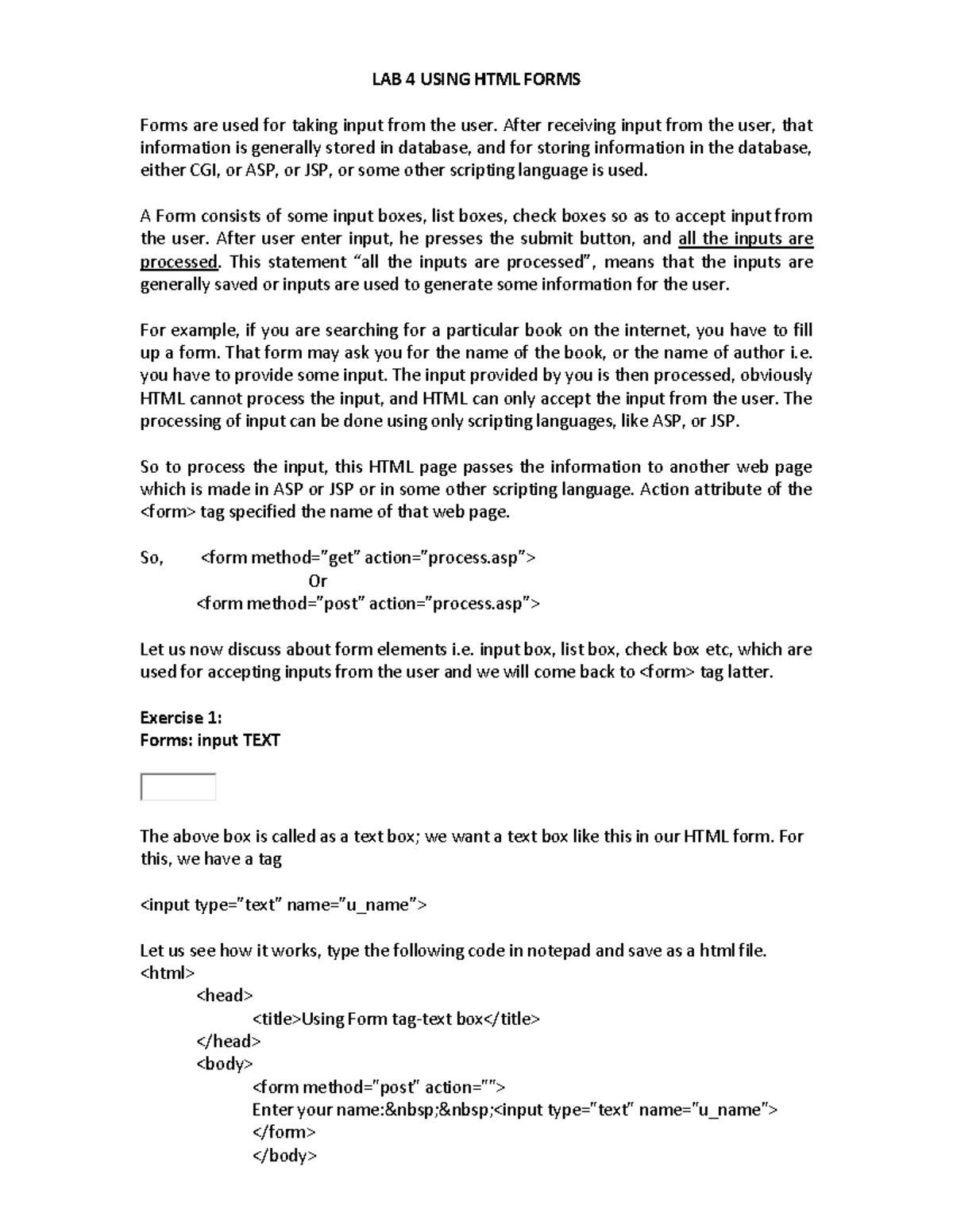 LAB 4 HTML Forms (Student Version) - LAB 4 USING HTML FORMS Forms are ...