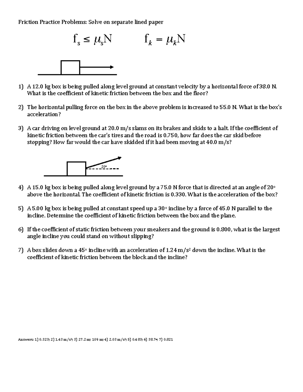 Friction practice problems: Coefficients and calculations for fs and fk ...