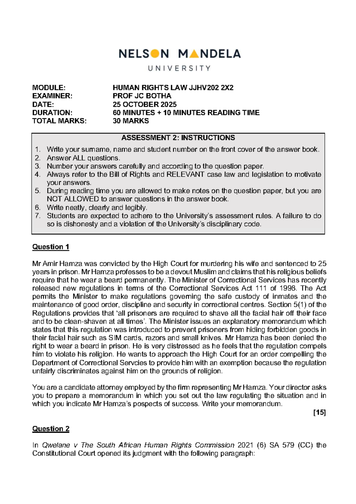 Human Rights Law JJHV202: Exam Memorandum & Guidelines (Oct 2025) - Studocu