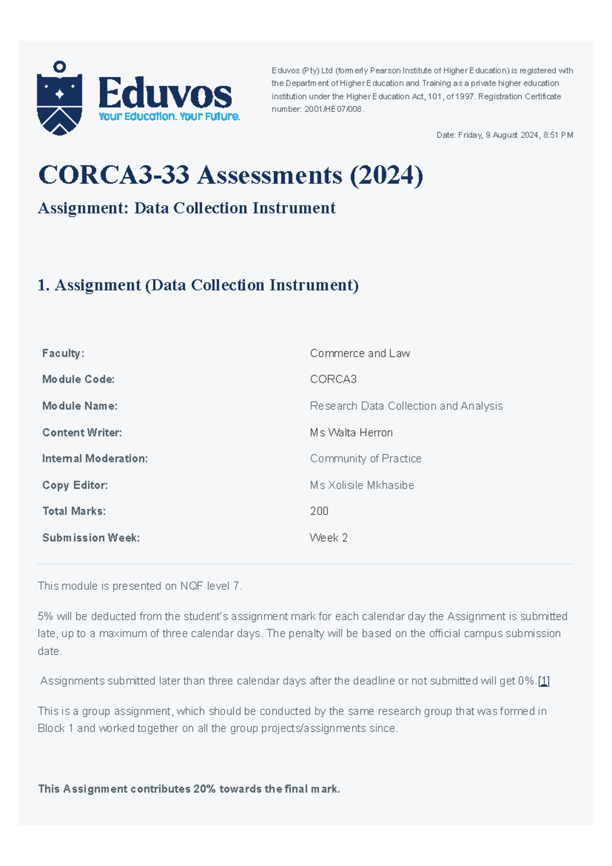 Assignment: Data Collection Instrument Eduvos - Eduvos (Pty) Ltd ...