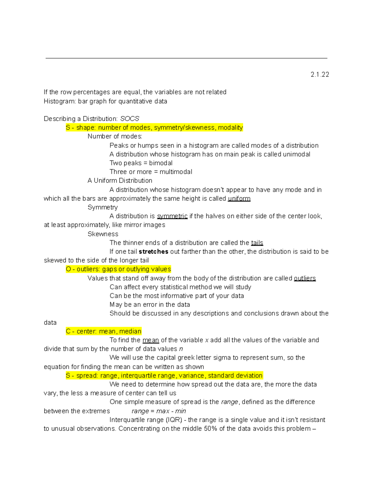 SOCS & 5-Number Summary Lecture Notes for Statistics Course - Studocu