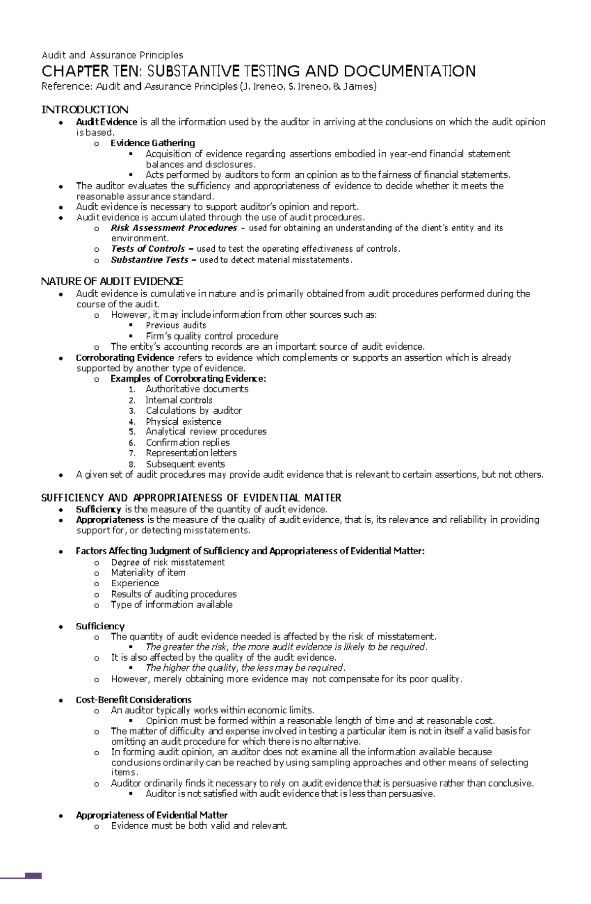 CHP 10: Substantive Testing & Documentation in Auditing - Studocu