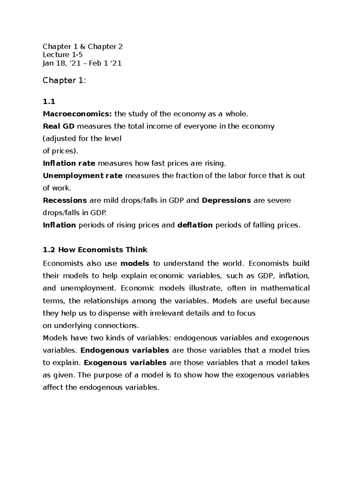 Chapter 1 & 2 Summary: Macroeconomics Concepts (ECO 101) - Studocu