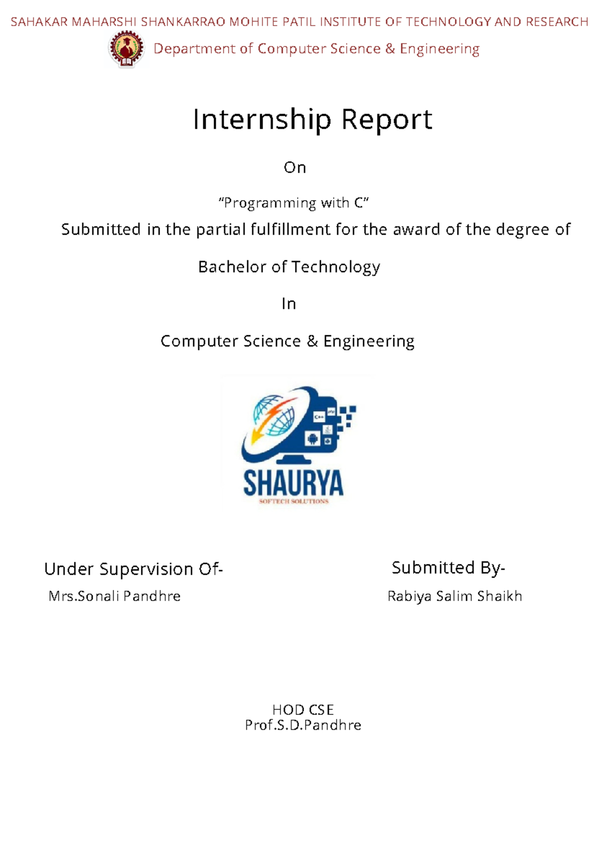 Internship Report on Programming with C for B.Tech in CSE - Studocu