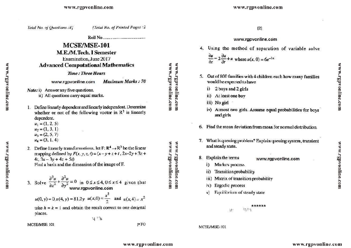 MCSE101 I Sem Exam June 2017 - Advanced Computational Math - Studocu