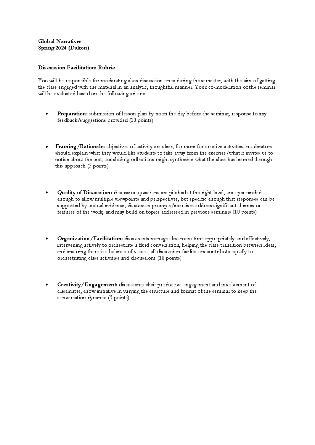 Spring 2024 (Dalton) Discussion Facilitation Rubric & Guidelines - Studocu