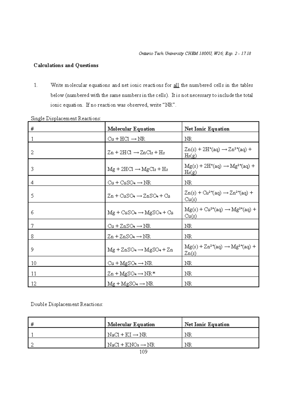 Ontario Tech University CHEM 1800U Lab 2: Exp. 2 Calculations ...