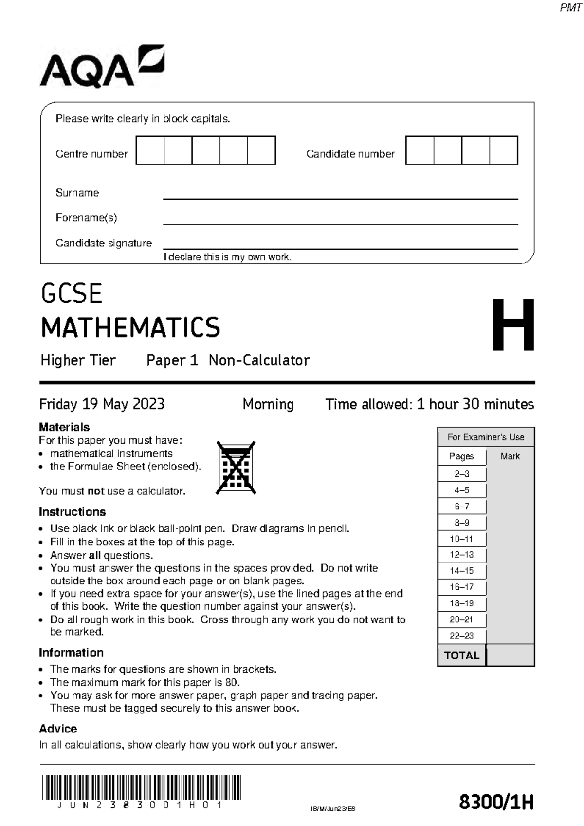 GCSE MATHEMATICS Higher Tier H Paper 1 - June 2023 Past Exam QP - Studocu