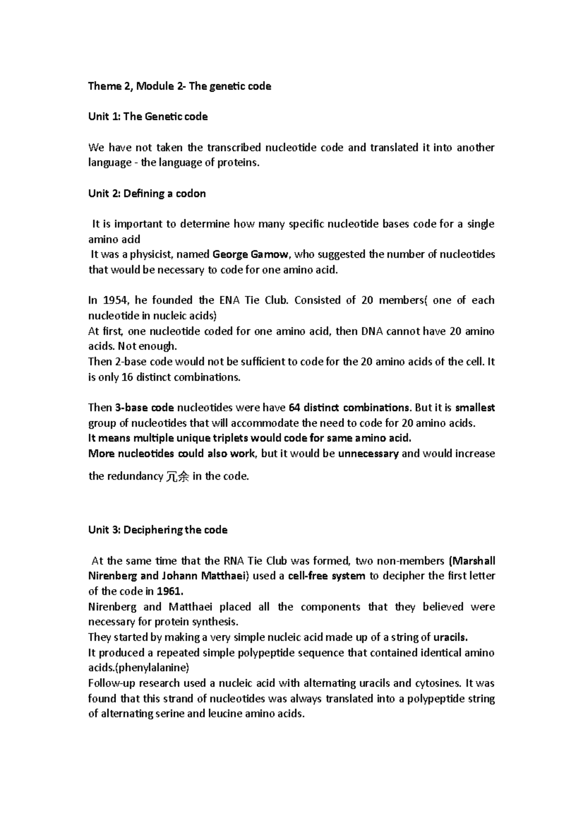 Module 2 - Theme 2, Module The genetic code Unit 1: The Genetic code We ...
