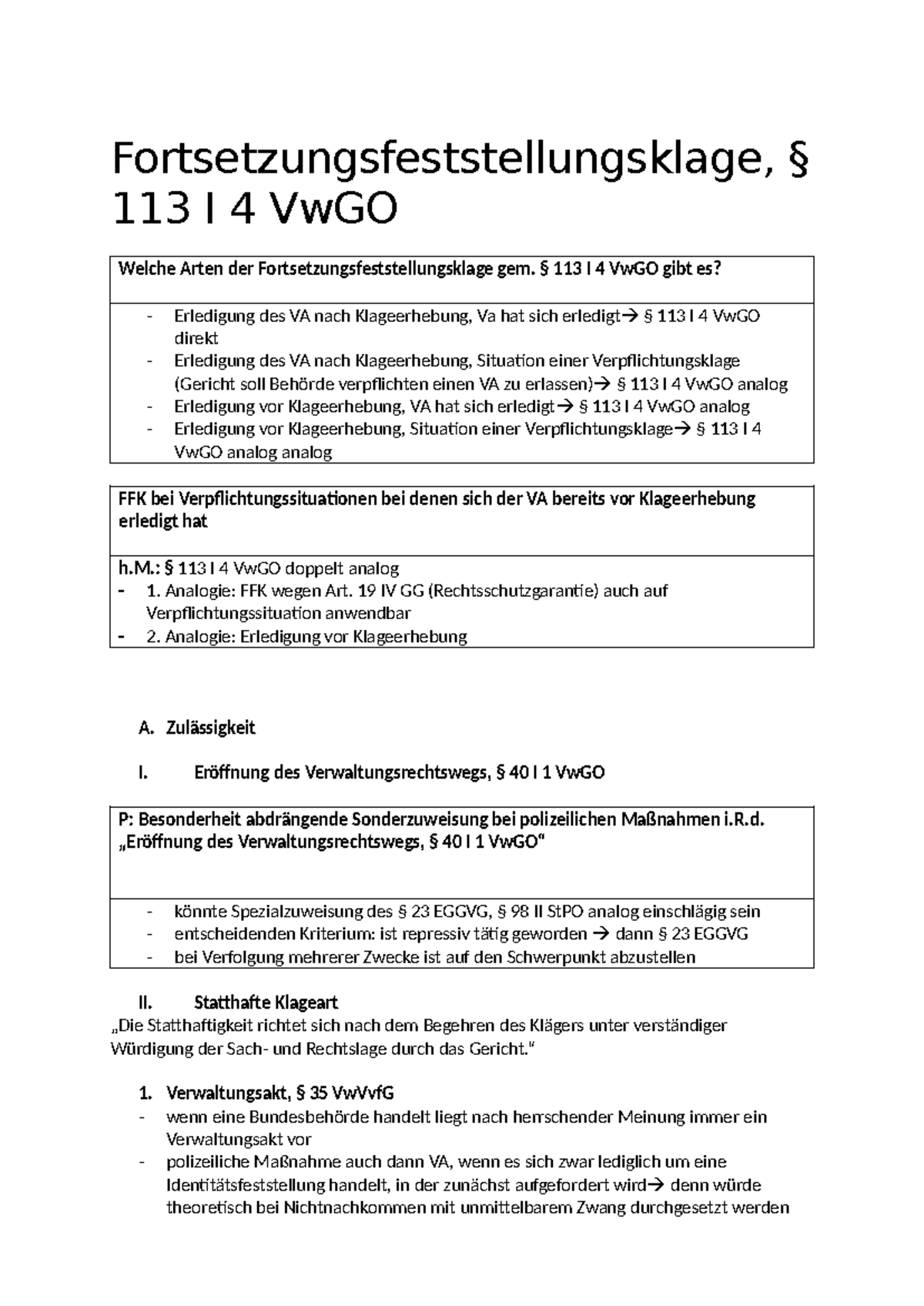 Fortsetzungsfeststellungsklage nach § 113 I 4 VwGO: Arten und ...