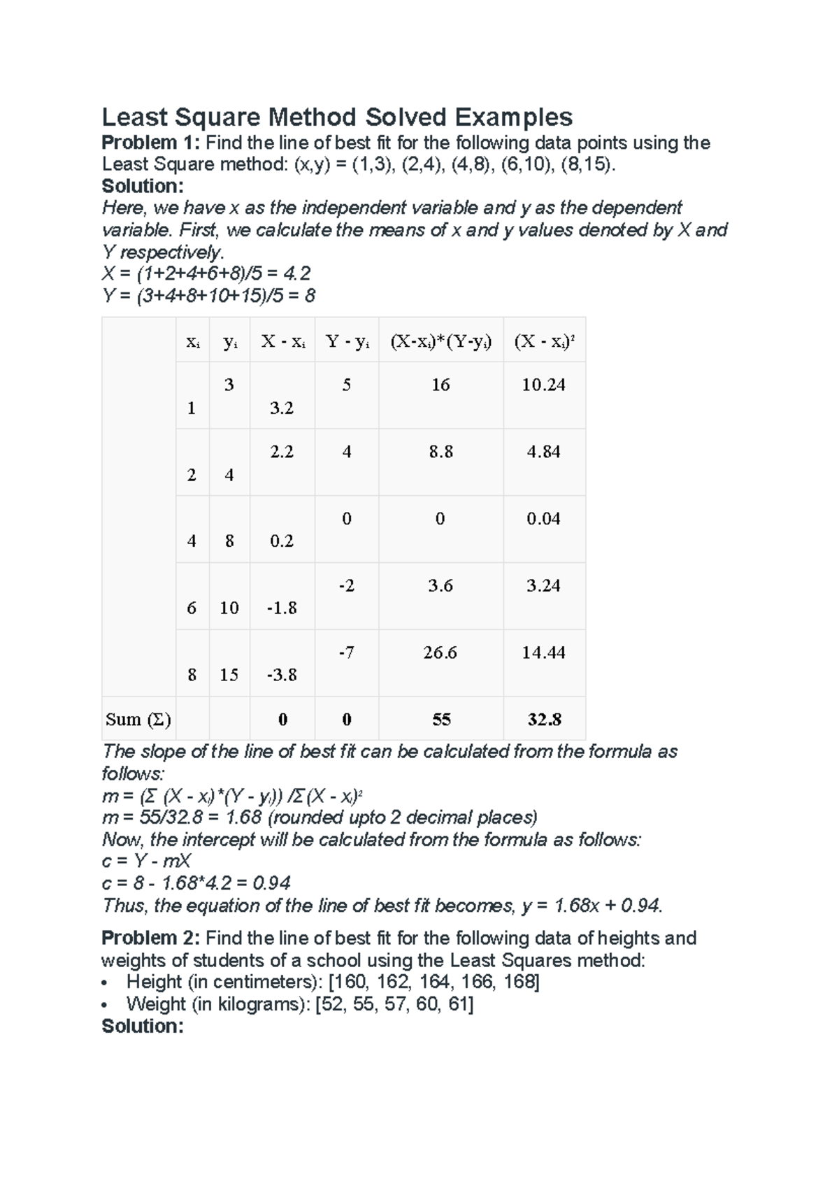 Least Square Method: Solved Examples & Practice Problems - Studocu