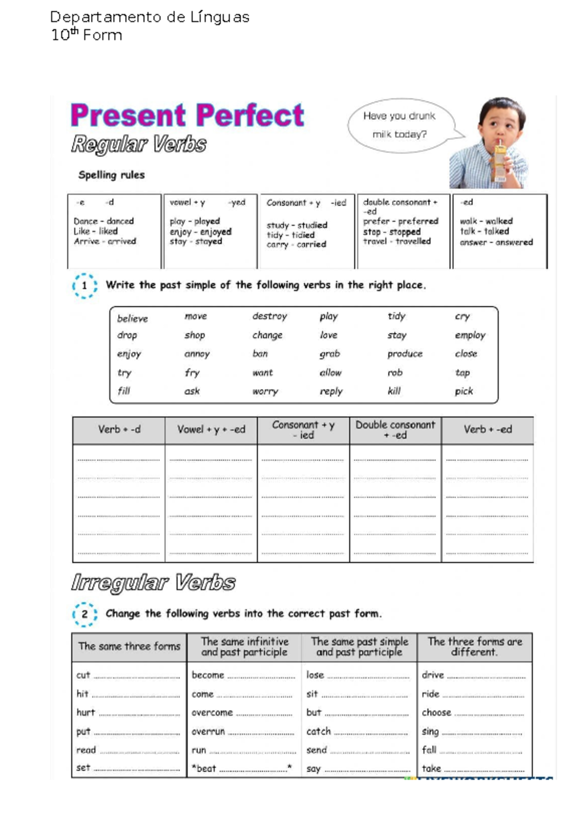 Present Perfect 1 - Exercícios de Verbos Regulares e Irregulares - Studocu