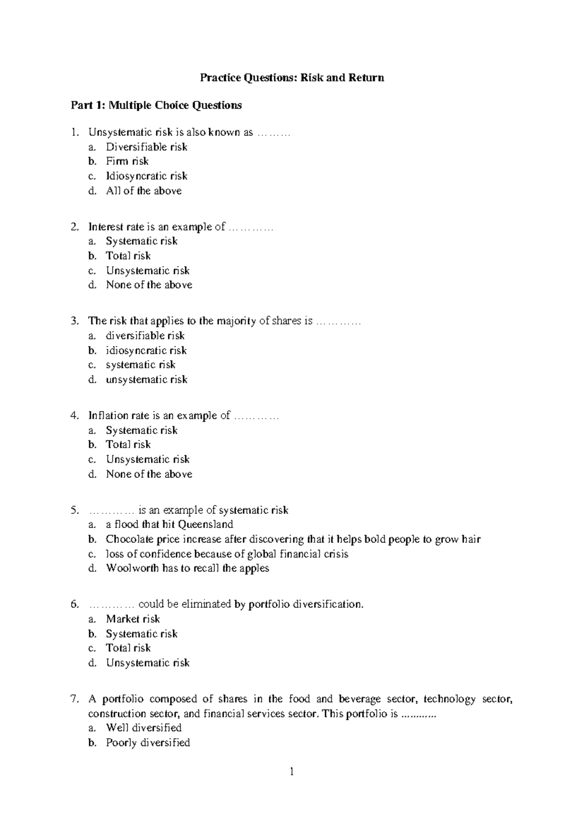 31255 FITP PQ 08 Risk and Return - Practice Questions: Risk and Return ...