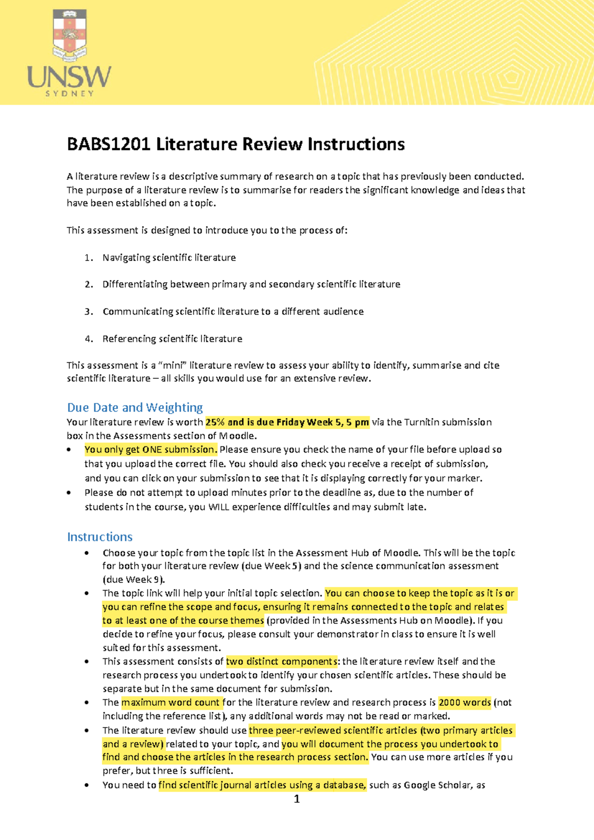 BABS1201 Mini Literature Review Guidelines and Instructions - Studocu
