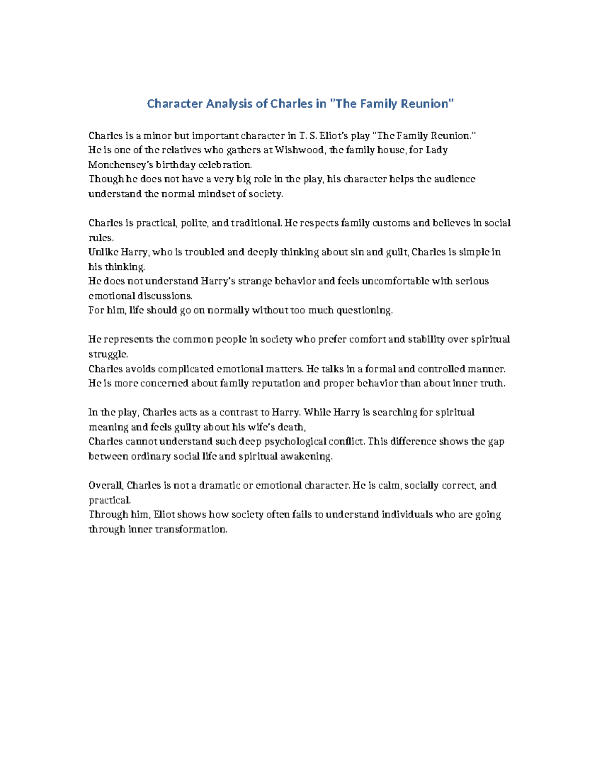 Character Analysis of Charles in T.S. Eliot's The Family Reunion - Studocu