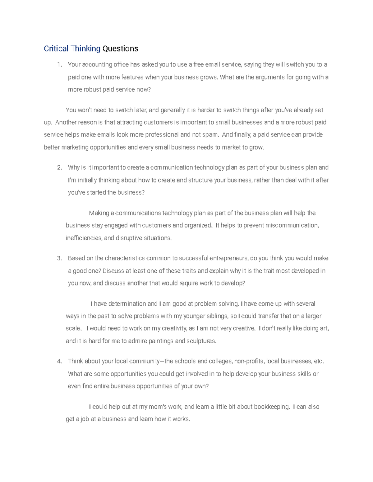 Unit One Critical Thinking Questions - Critical Thinking Questions 1 ...