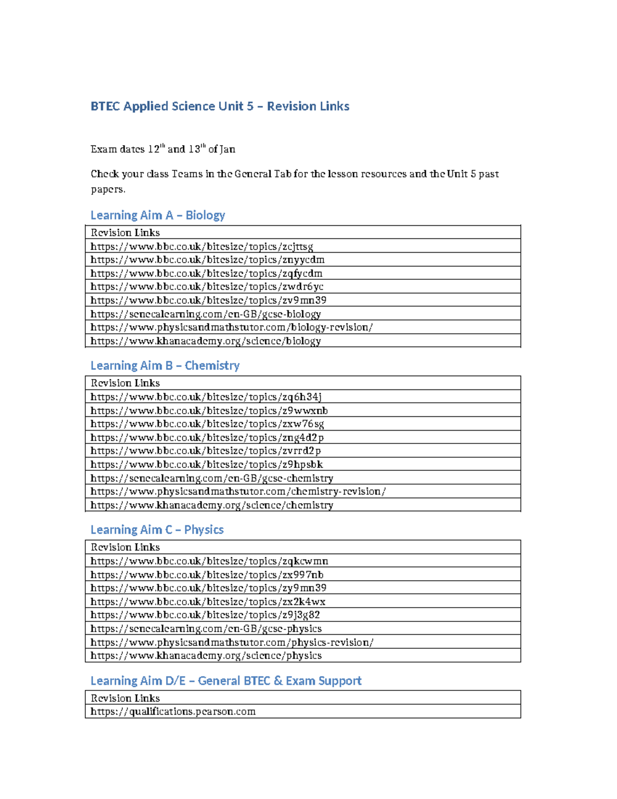 BTEC Science Unit 5 Jan exam Revision - BTEC Applied Science Unit 5 ...