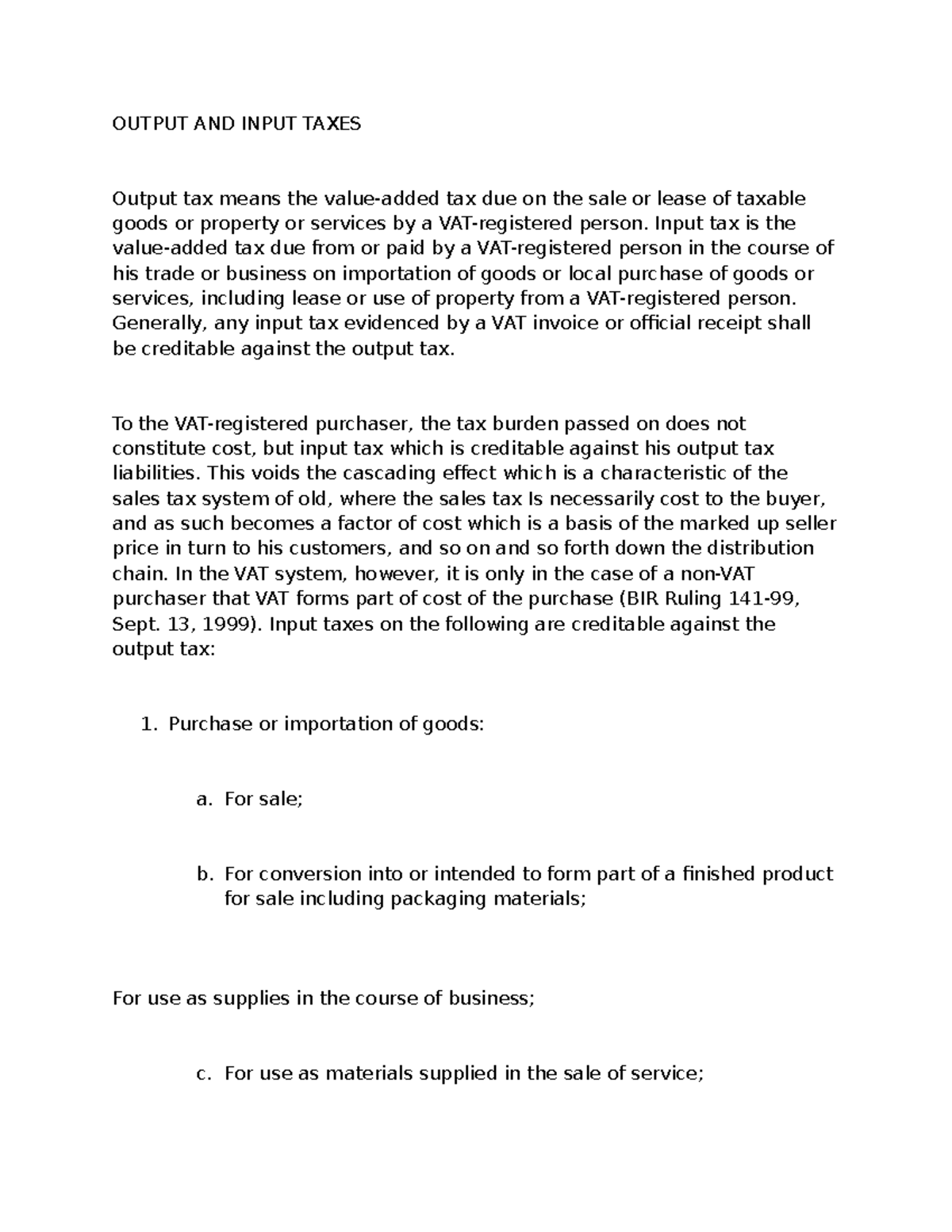 Tax,chap20 - Notes - OUTPUT AND INPUT TAXES Output tax means the value ...