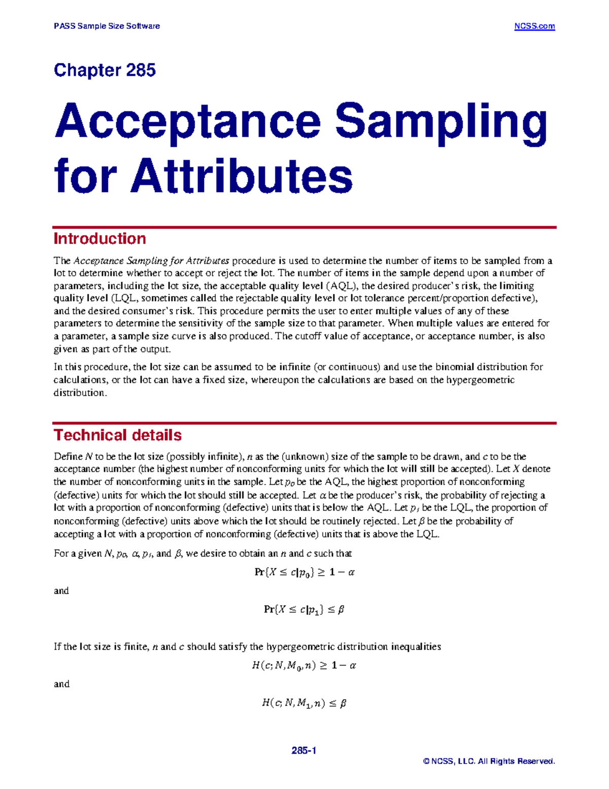Acceptance Sampling for Attributes - The number of items in the sample ...