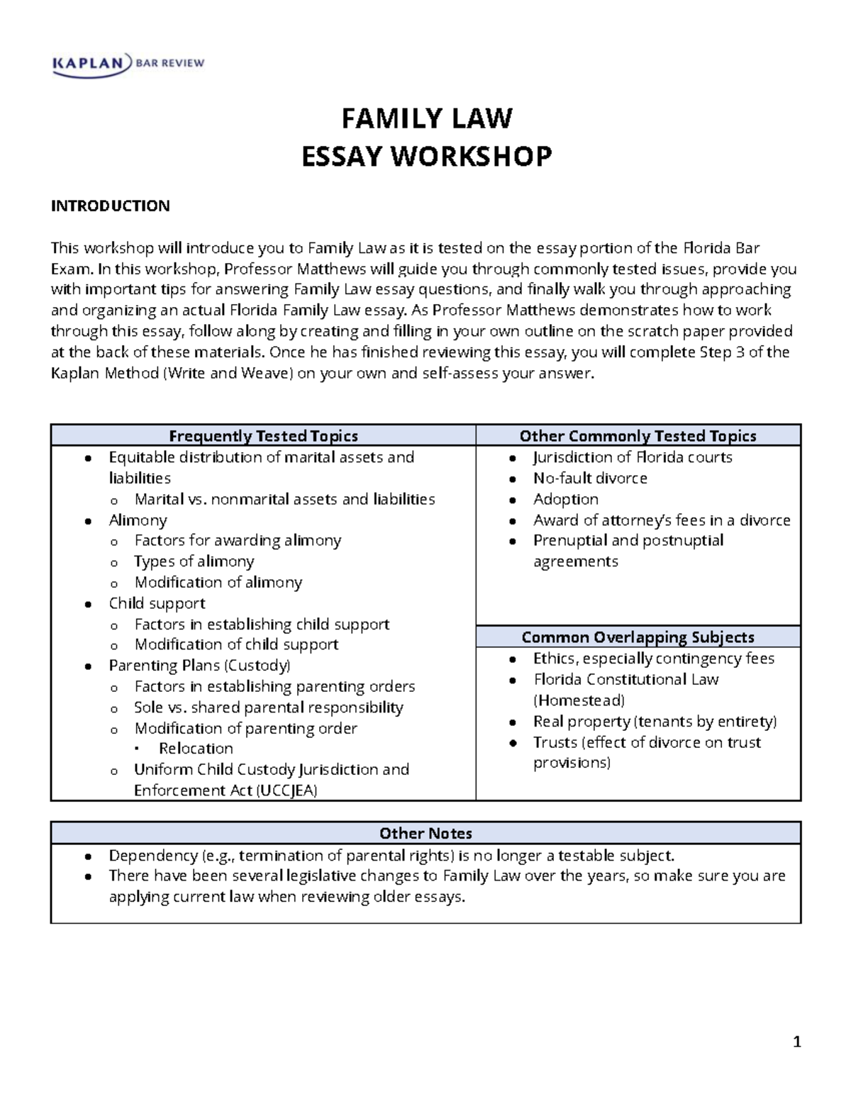 FL Essay WS Family Law: Workshop Overview and Key Issues - Studocu