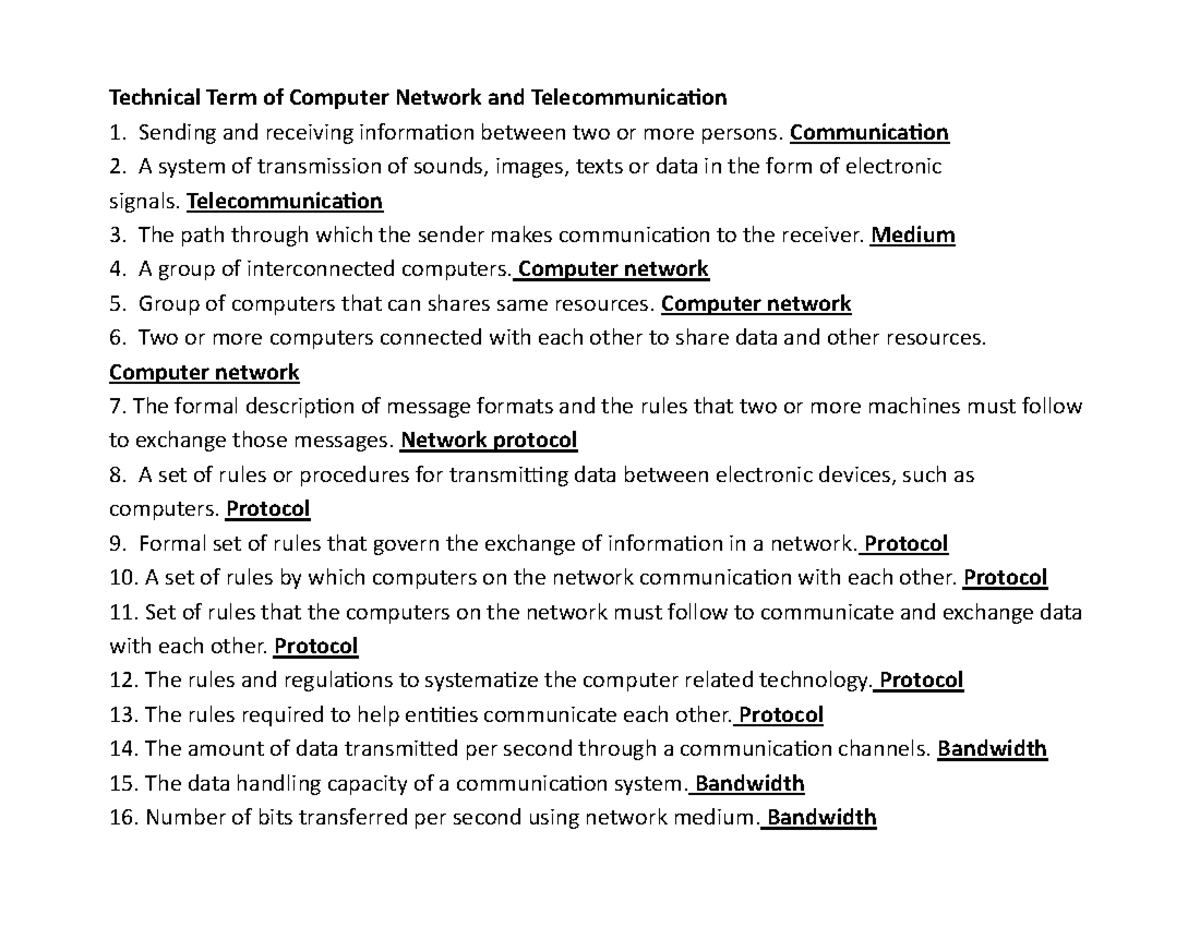 Technical Terms in Computer Network & Telecommunication 1 - Studocu