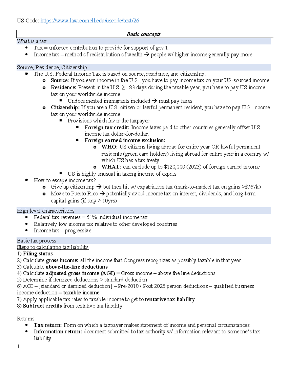Hemel Income Tax Outline Spring 2023 - US Code: law.cornell/uscode/text ...