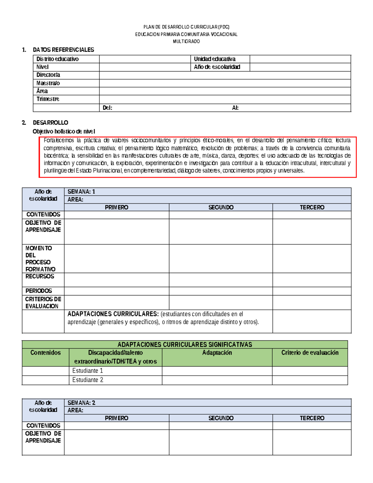 PLAN DE DESARROLLO CURRICULAR (PDC) EDUCACIÓN PRIMARIA MULTIGRADO 1 ...
