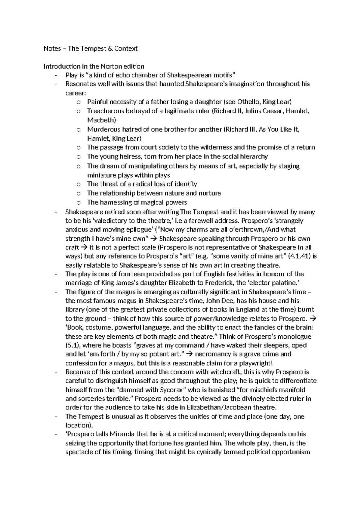 Notes on The Tempest and Contexts: A Comprehensive Study Guide - Studocu