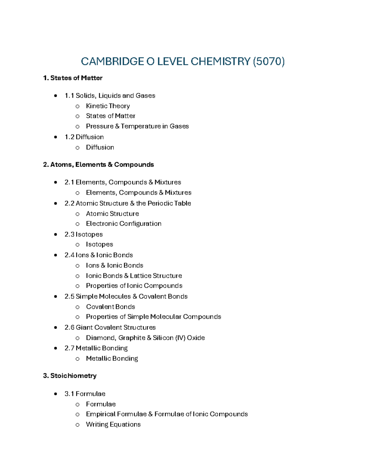 CAMBRIDGE O LEVEL CHEMISTRY (5070) Comprehensive Topic Overview - Studocu