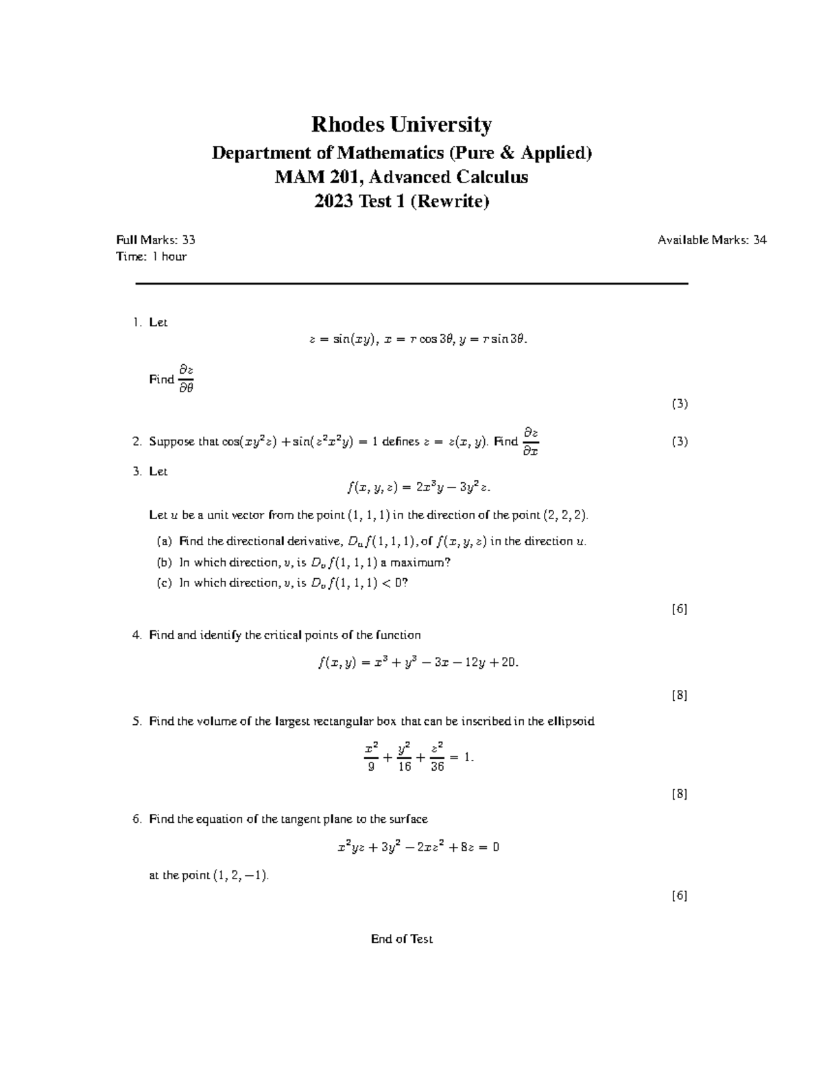 2023test1Rewrite - practise - Rhodes University Department of ...