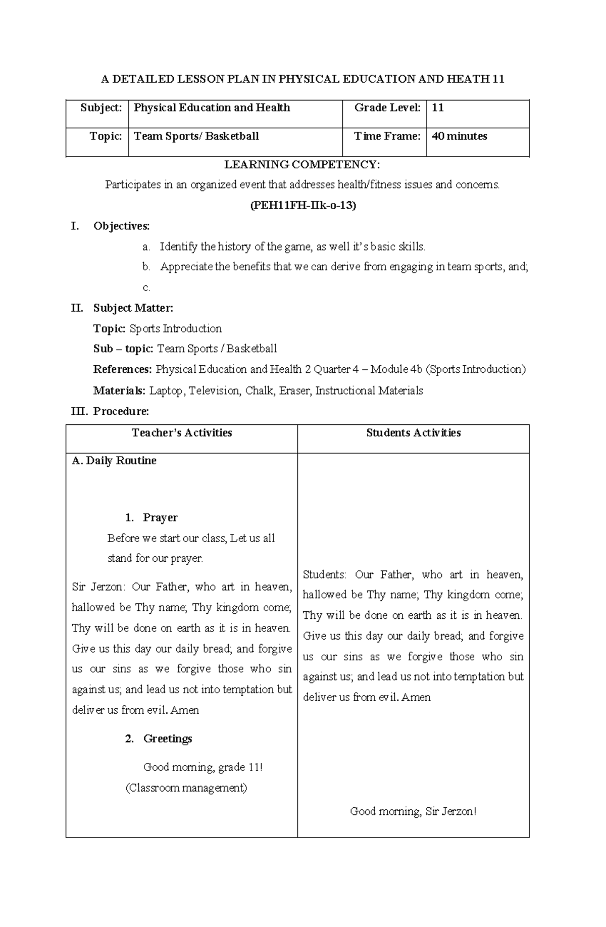 Detailed Lesson Plan: Team Basketball in PE & Health 11 - Studocu