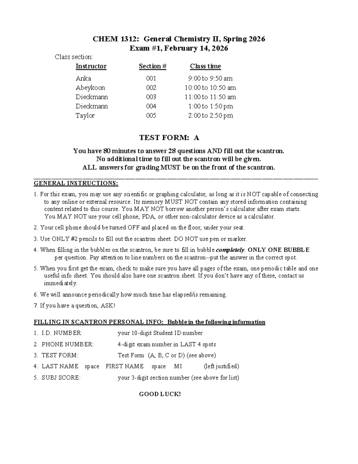 CHEM 1312: General Chemistry II Spring 2026 Exam Instructions and ...