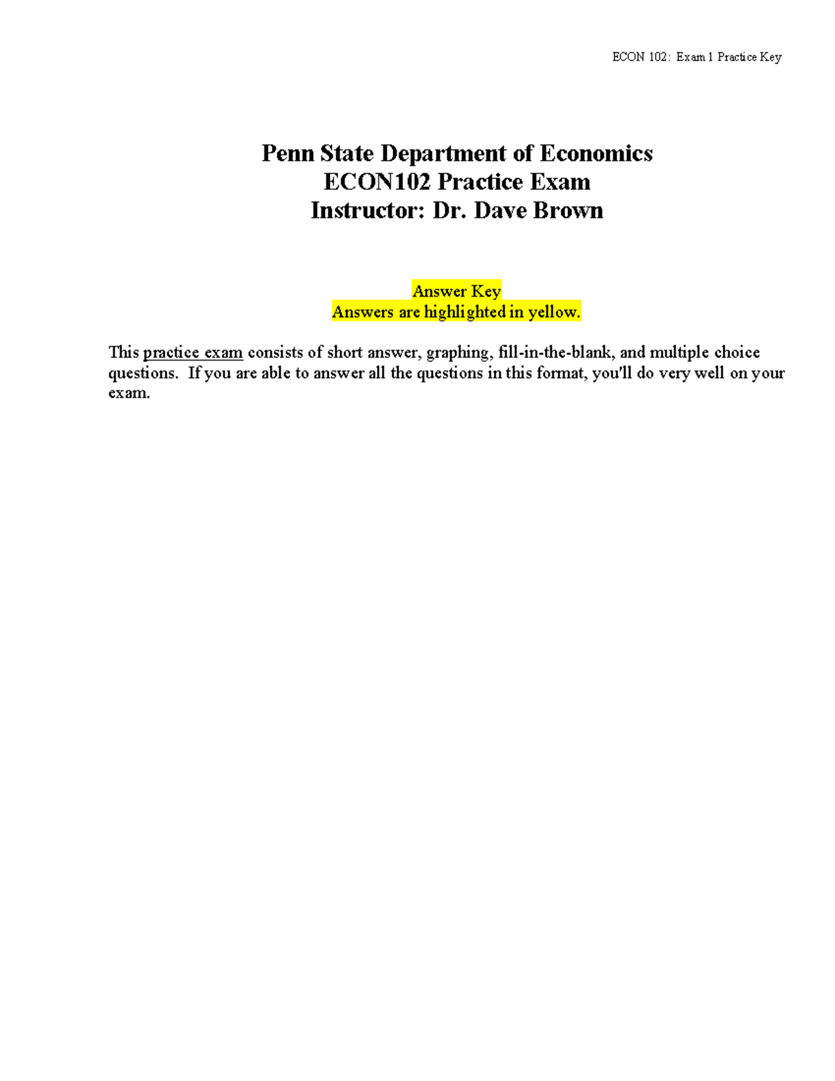 ECON 102: Exam 1 Practice Key - Answer Guide for Penn State - Studocu