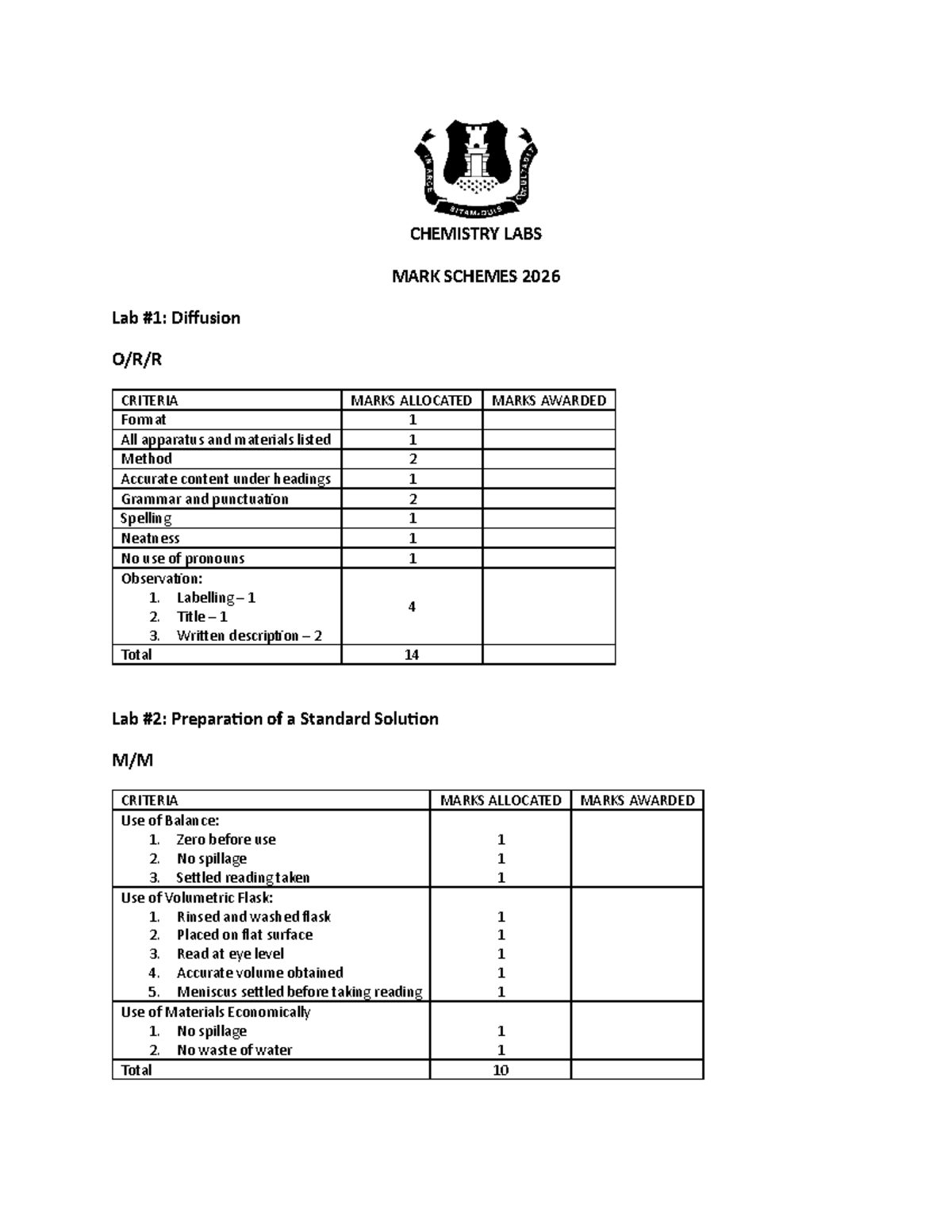 Mark Schemes for Chemistry Labs 2026: Assessment Criteria and ...