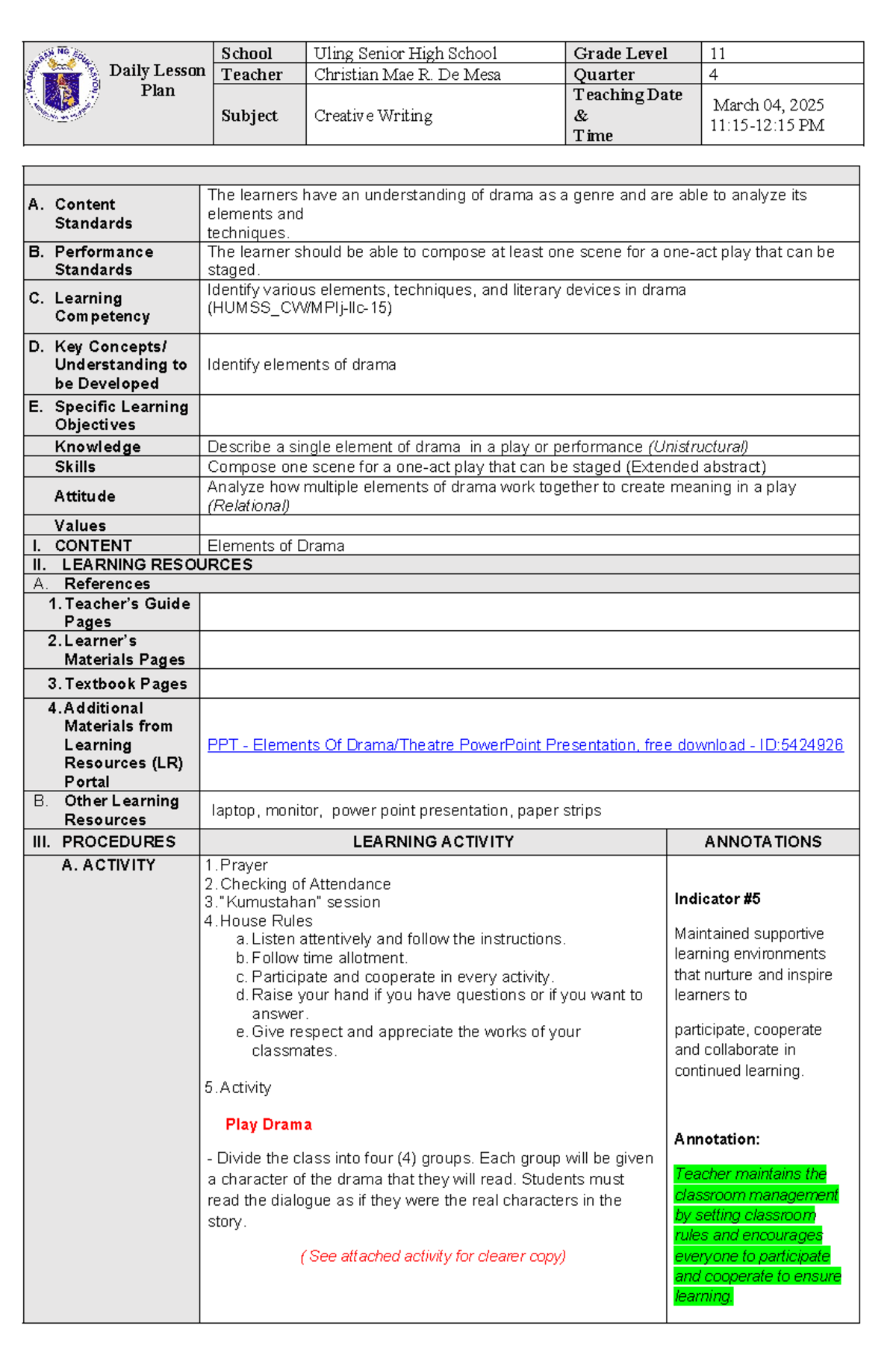 COT DLP Creative Writing Q4 Lesson Plan on Drama Elements - Studocu