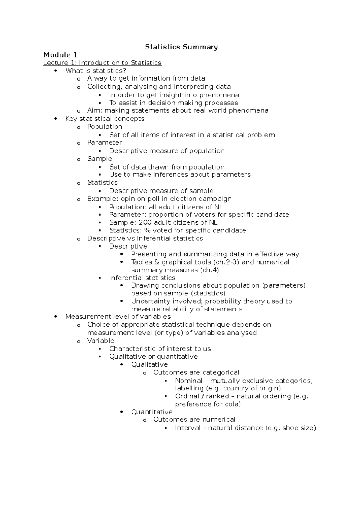 Statistics 101: Module 1 Lecture Summary and Key Concepts - Studeersnel
