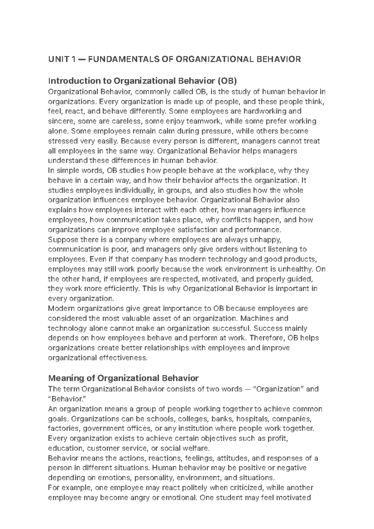 UNIT 1 & 2 Organizational Behavior Notes (NBA) - Studocu