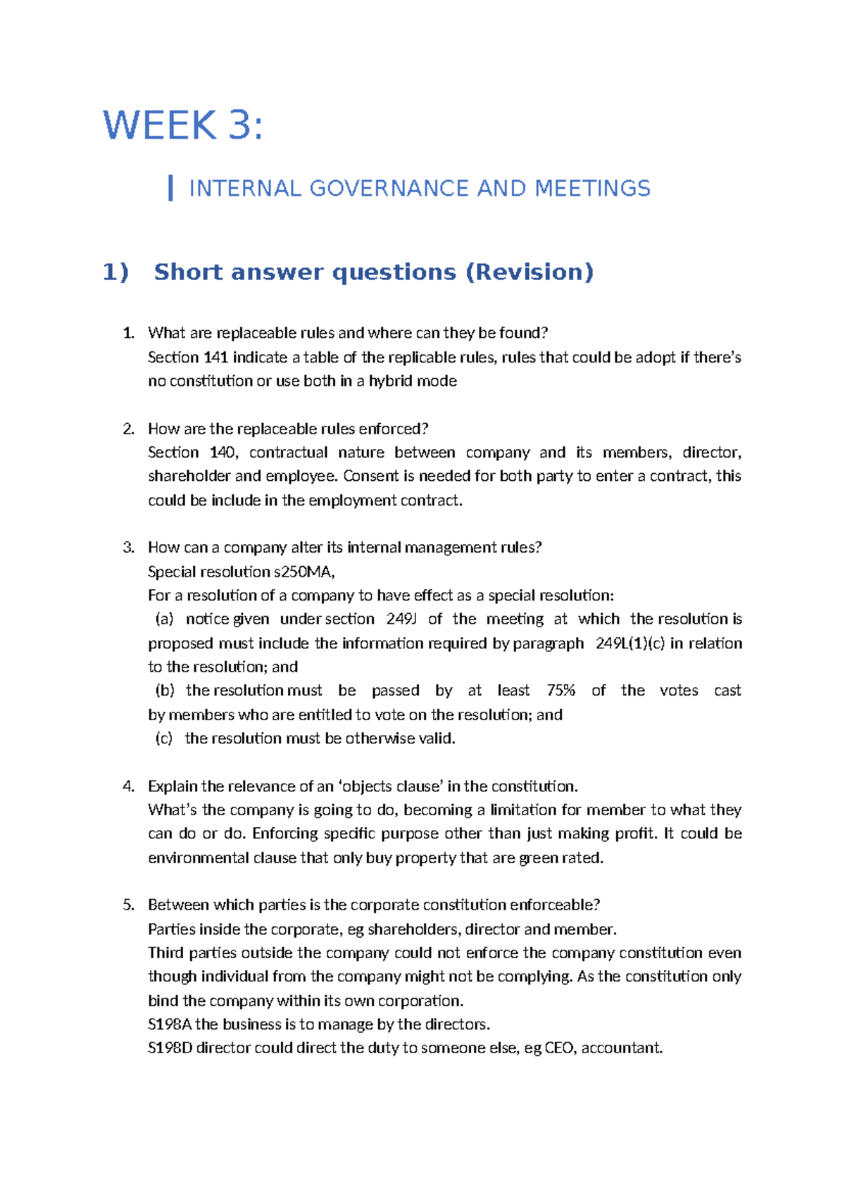 WEEK 3: INTERNAL GOVERNANCE & MEETINGS - TUTORIAL QUESTIONS - Studocu