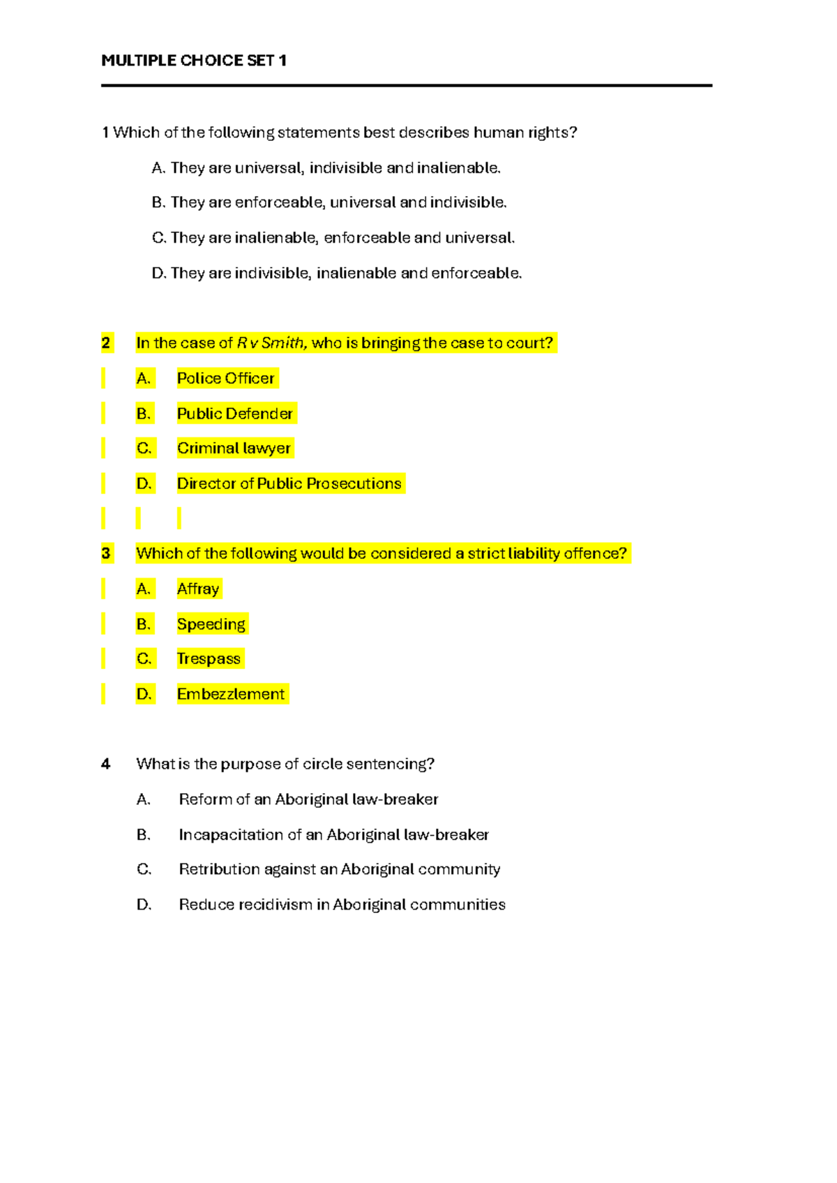 LAW 101: Multiple Choice Questions on Human Rights and Criminal Law ...