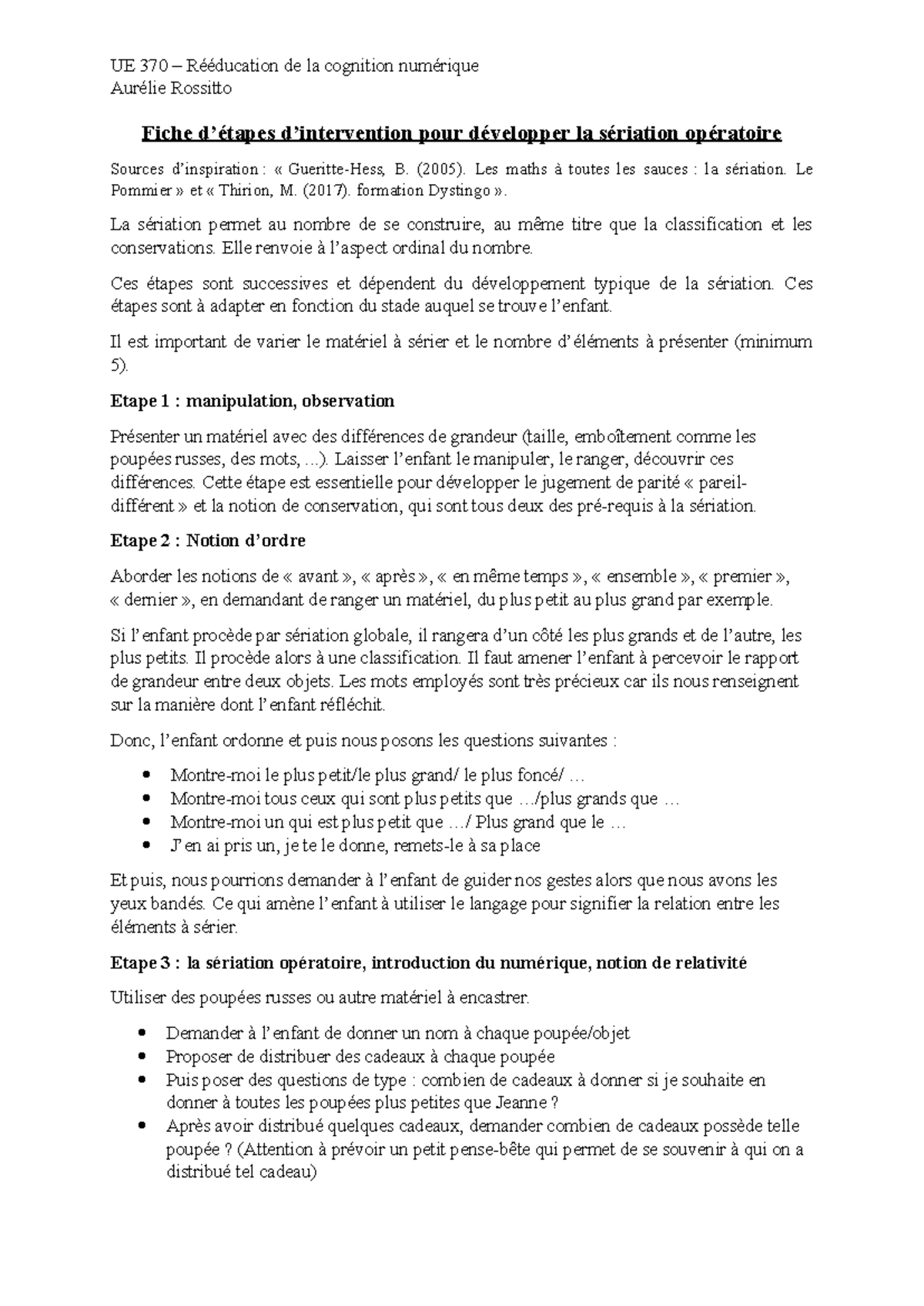 Intervention UE 370 : Développement de la sériation opératoire - Studocu