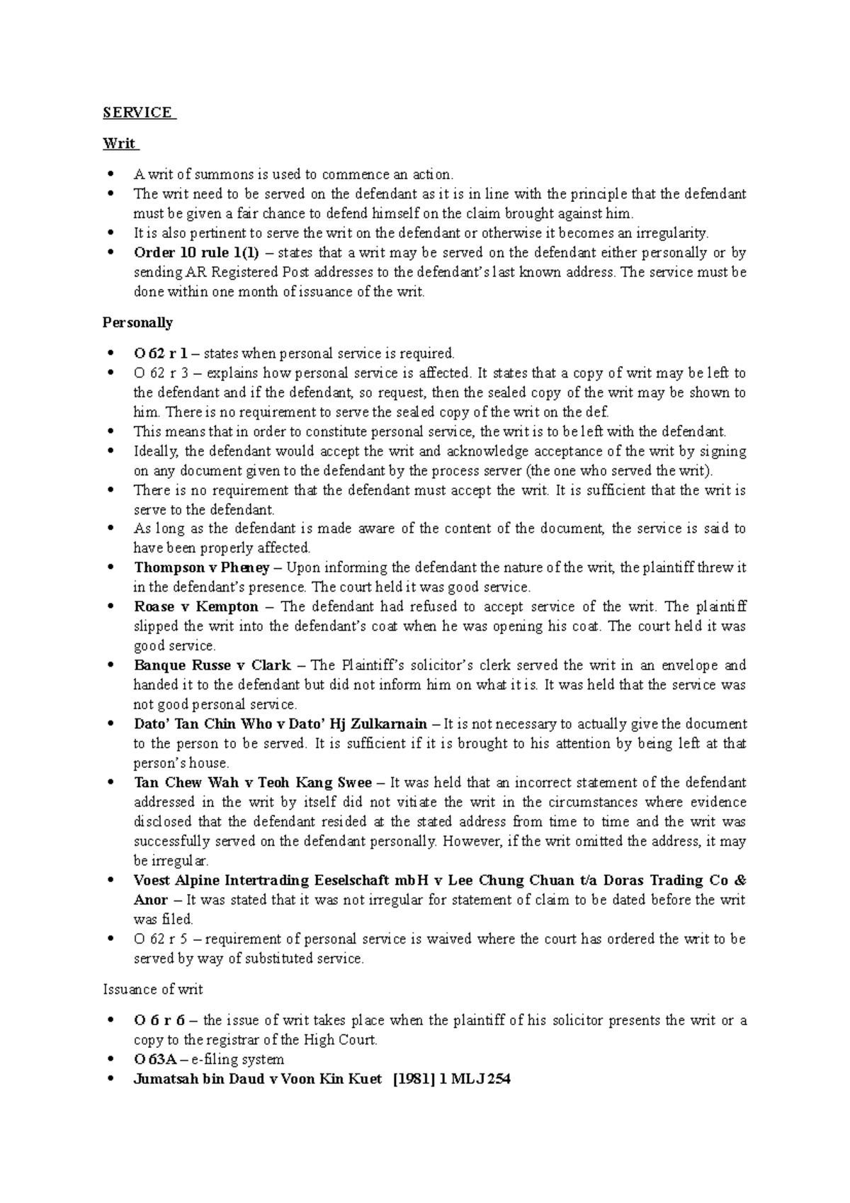 5. Service of Writs: Key Principles & Case Law Insights - Studocu